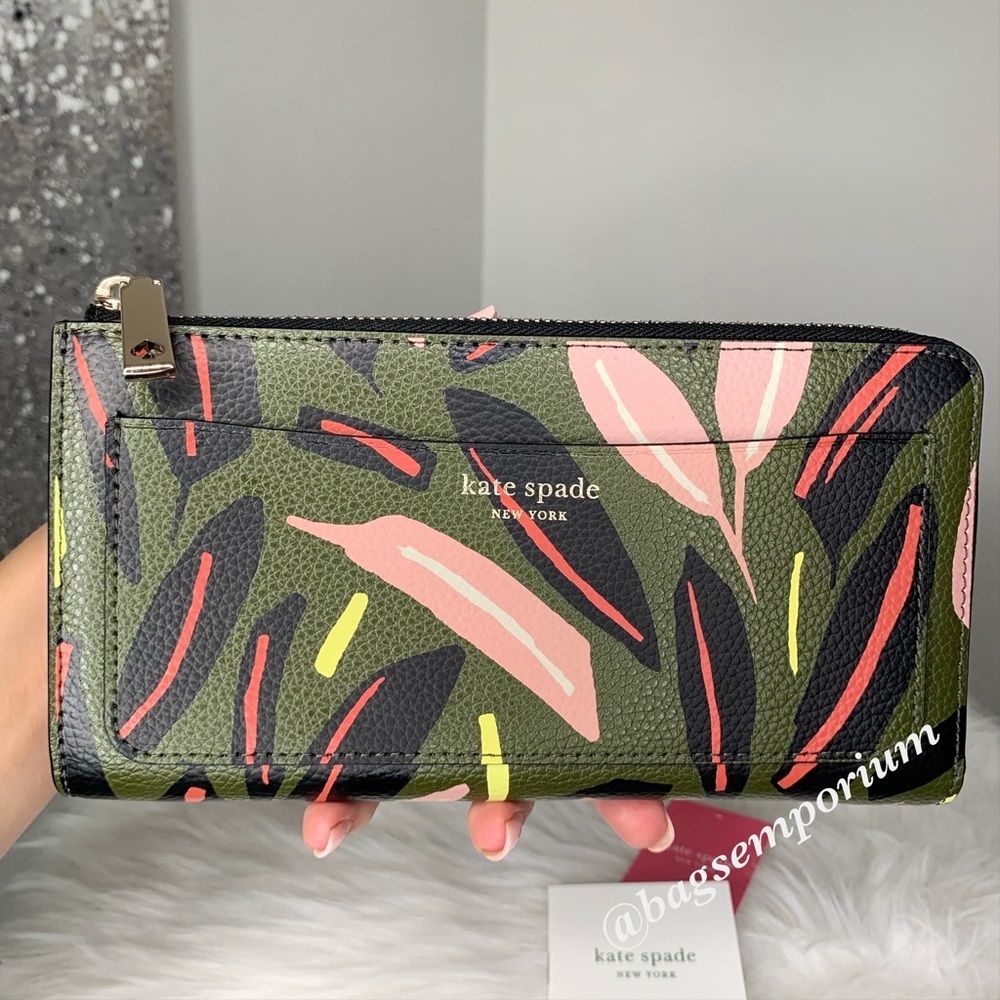 Kate Spade Green and Pink Leaf Print Wallet